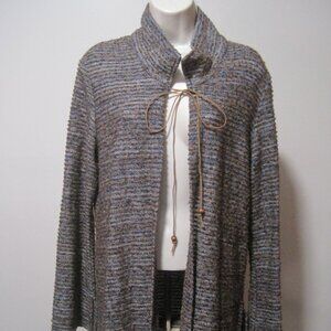 Vanity Woman Cardigan Medium Blue & Brown Raglan Sleeves Crochet Knit Open Front